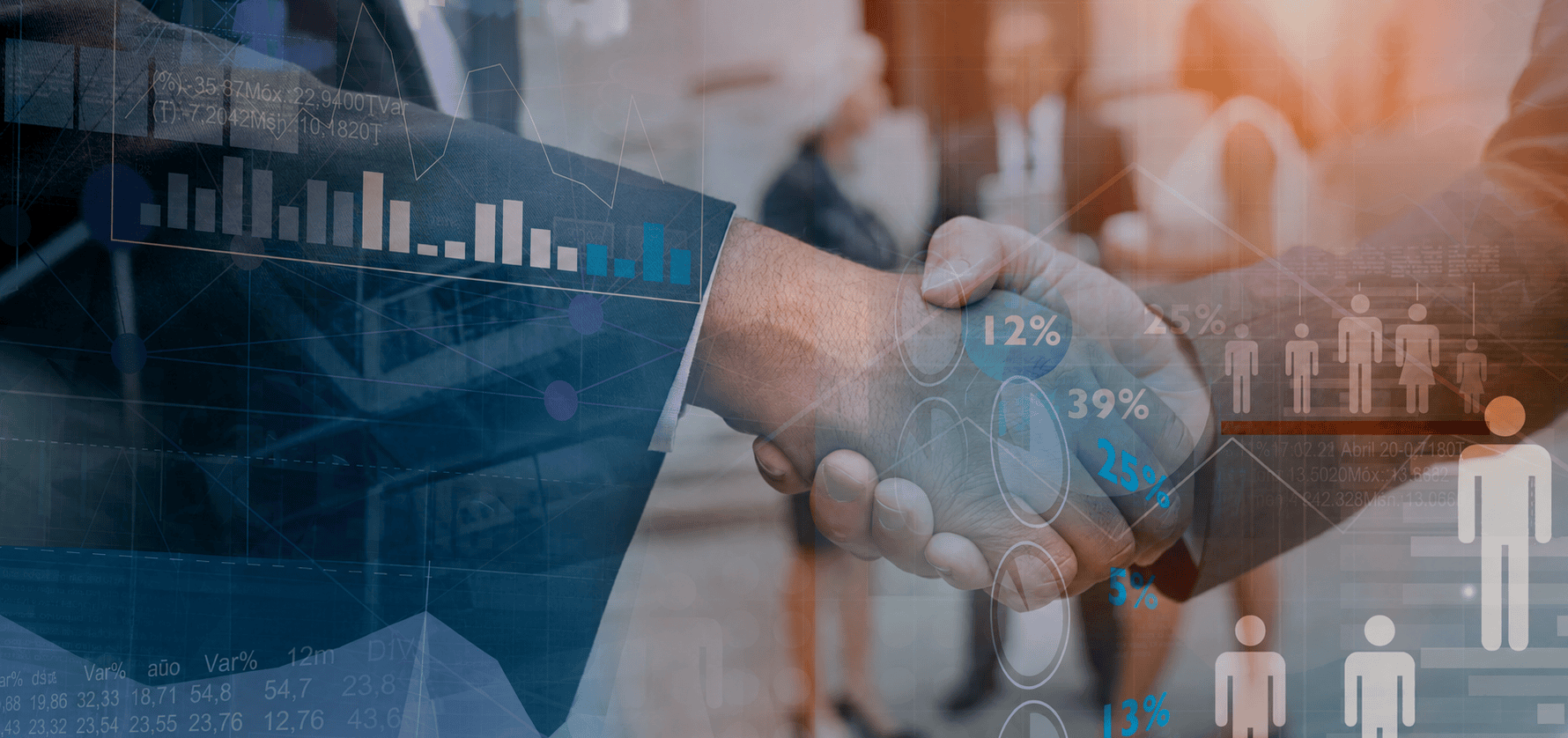 Business handshake with digital graphics overlay.